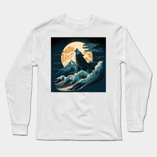 Japanese Wolf and Moon Long Sleeve T-Shirt